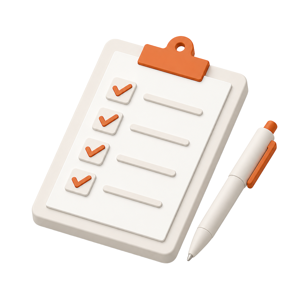 Isometric illustration of a clipboard checklist with a pen